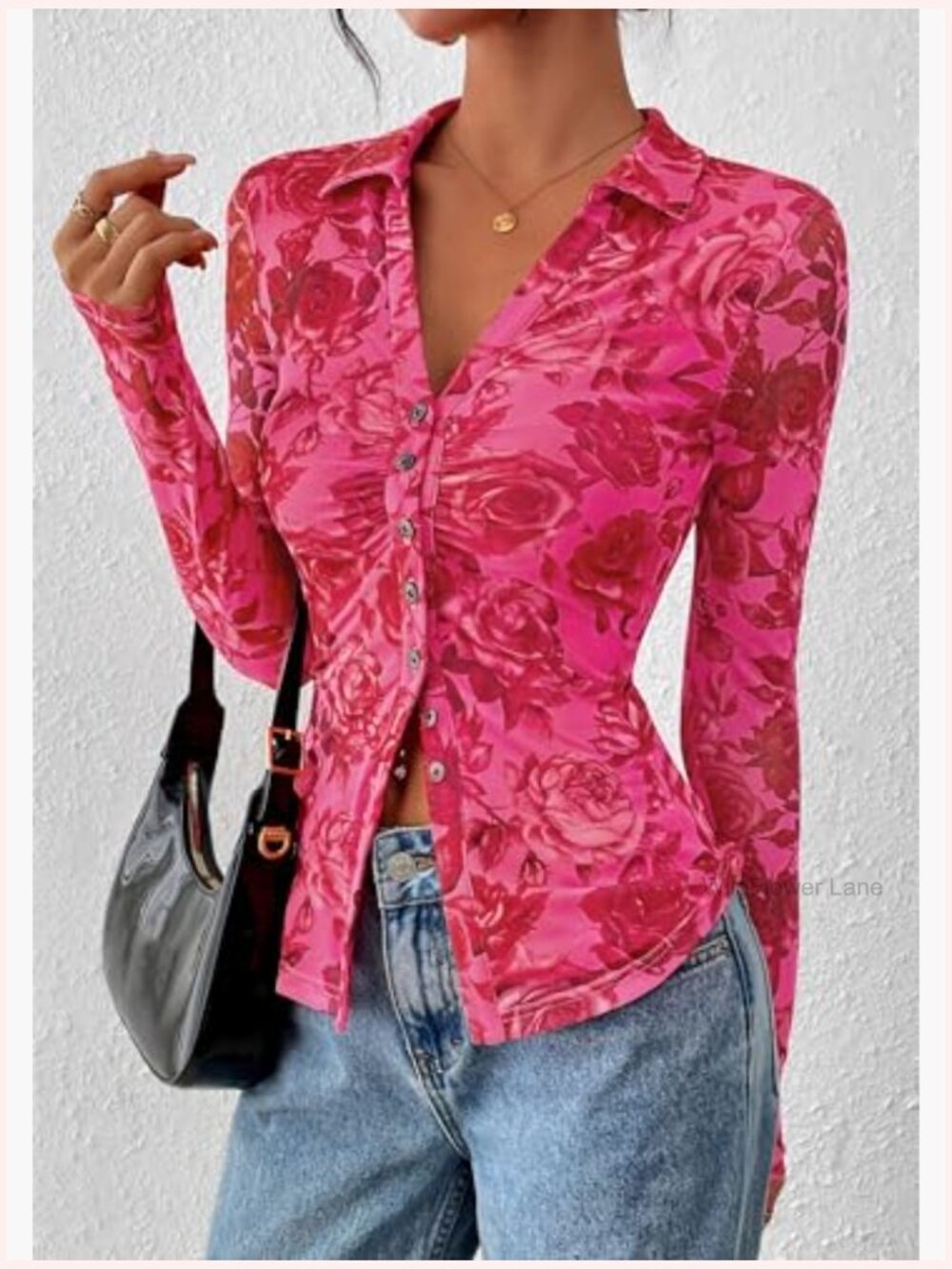 Women's Button Down Floral Mesh Blouse V Neck Long Sleeve Boho Top - Picture 3 of 7